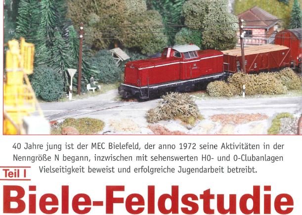 Titelseite des Artikels „Biele-Feldstudie Teil I“ mit roter Diesellok auf der H0-Anlage