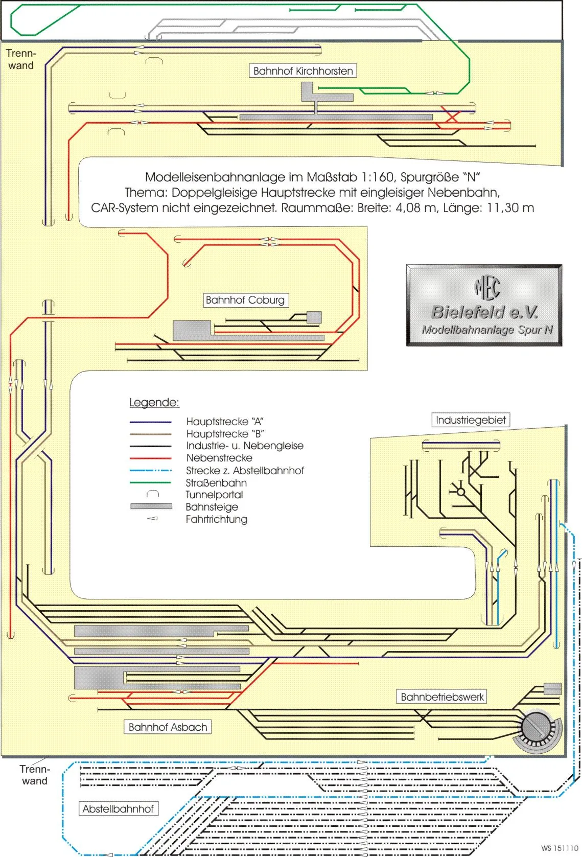 Gleisplan der Spur-N-Anlage mit den Bahnhöfen Asbach, Kirchhorsten und Coburg, Industriegebiet und Schattenbahnhof